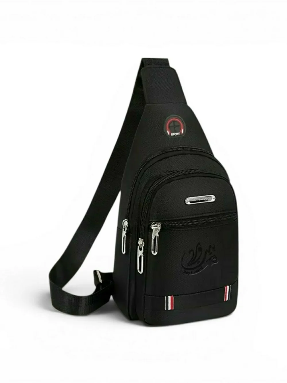 Black sling chest bag fashion shoulder bag with metal zipper.